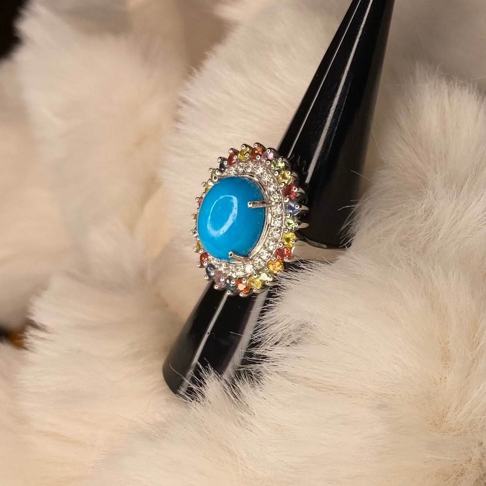 Premium Sleeping Beauty Turquoise and Multi Gemstone Double Halo Ring-Size 6